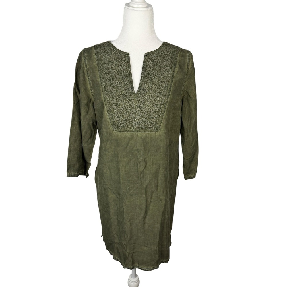 En Creme Tunic Dress Size M Olive Green Embroidered Garment Dyed Tencel Boho